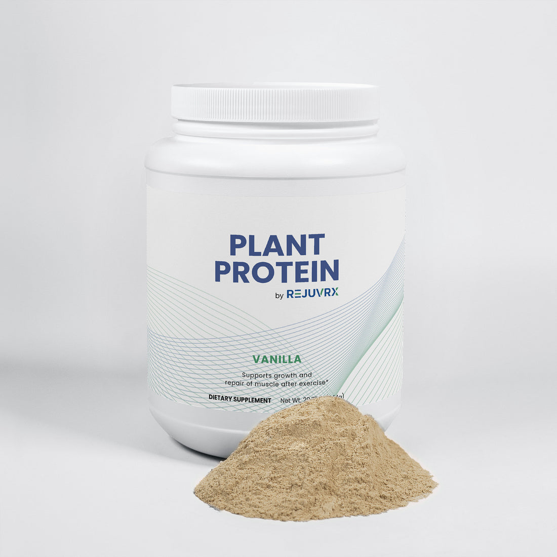 White container of Plant Protein by Rejuvrx on a white background