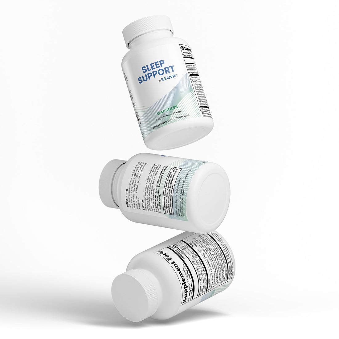 Sleep support supplement bottle with 'REJUVRX' branding on a white background