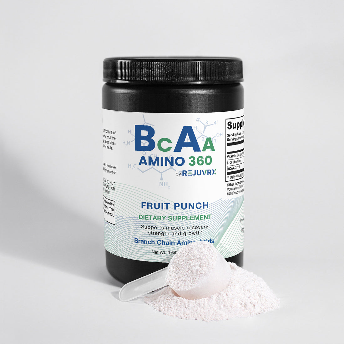 Supplement container labeled 'BCAA Amino 360' by REJUVRX on a white background