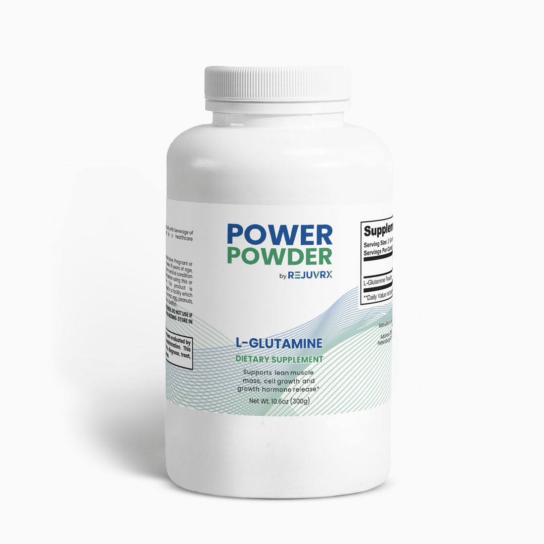 Supplement bottle labeled 'Power Powder by Rejuvrx' on a white background