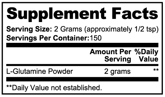 Supplement facts label for L-Glutamine Powder with serving size and container information.