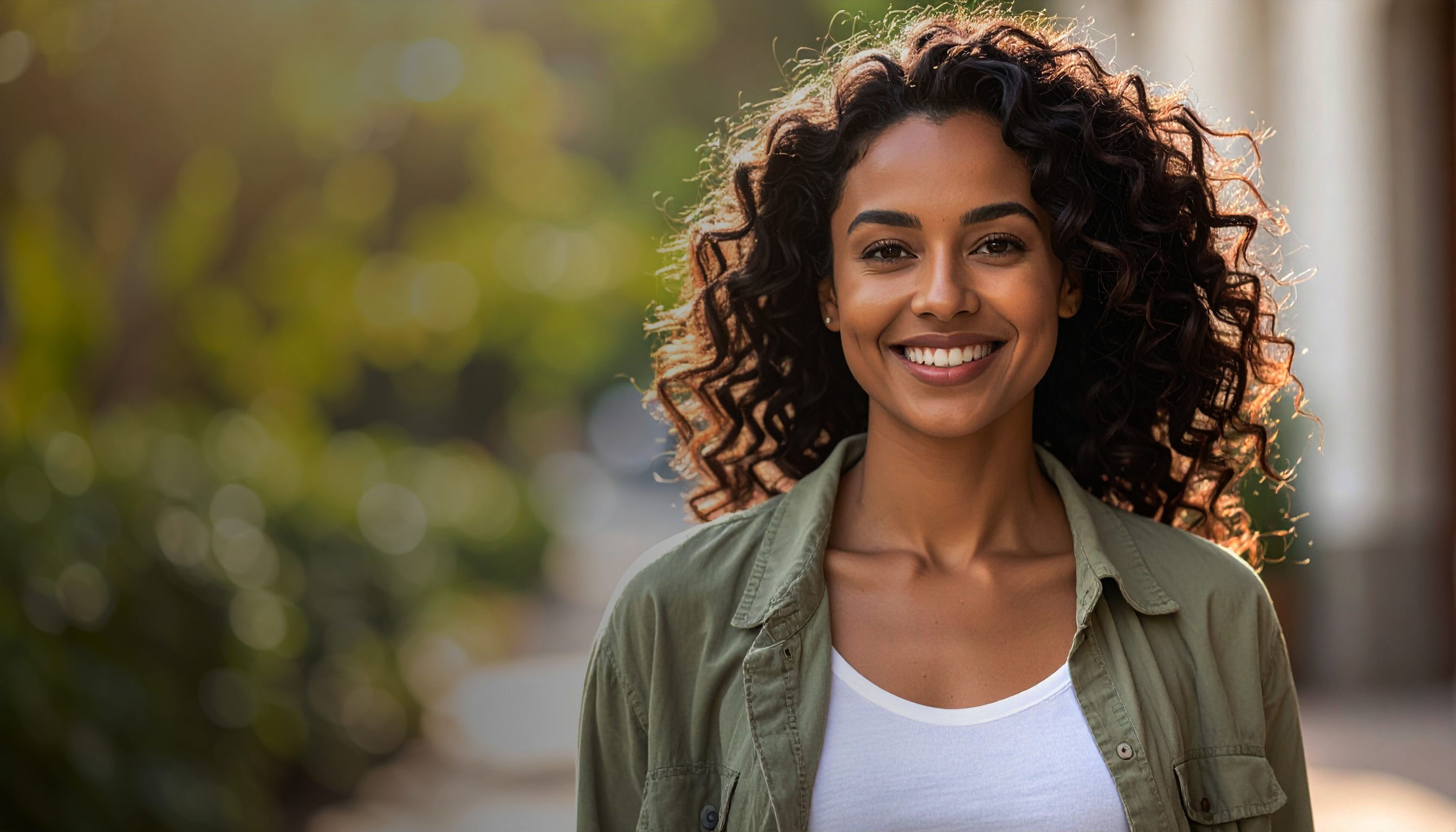 Woman with curly hair wearing a green jacket and white shirt, standing outdoors.