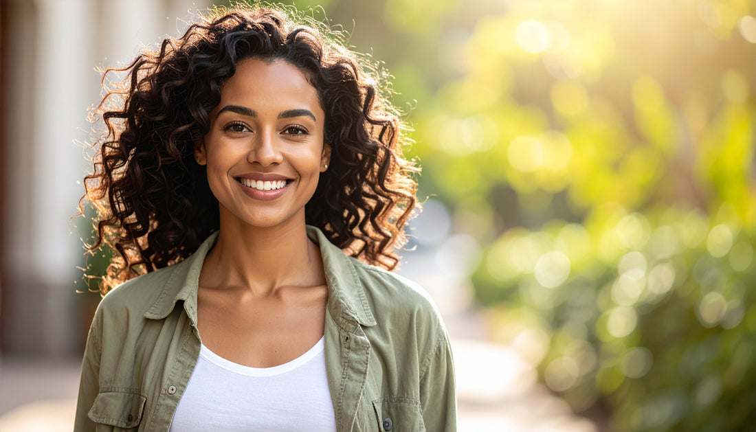 Woman with curly hair smiling outdoors with a blurred natural background
