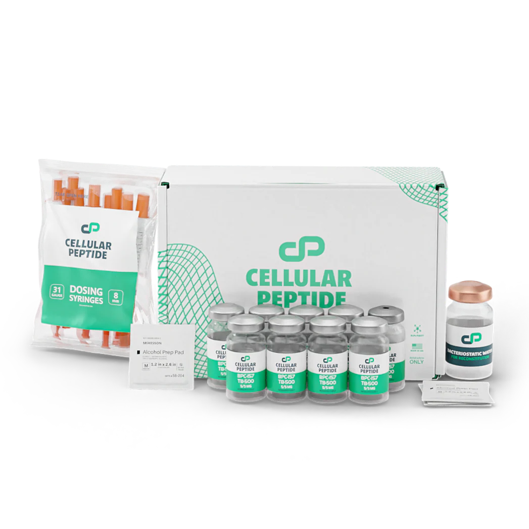 Packaging of Cellular Peptide products including vials, syringes, and a box on a white background.