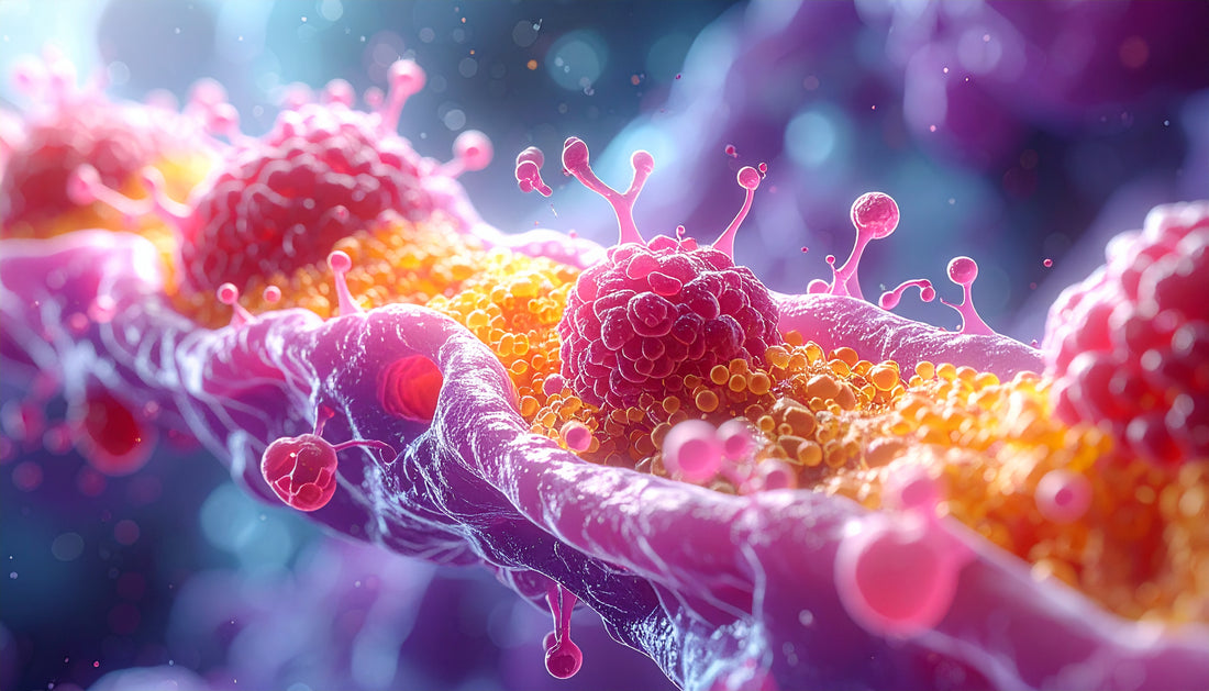 Colorful depiction of virus-like structures on a surface with a blurred background
