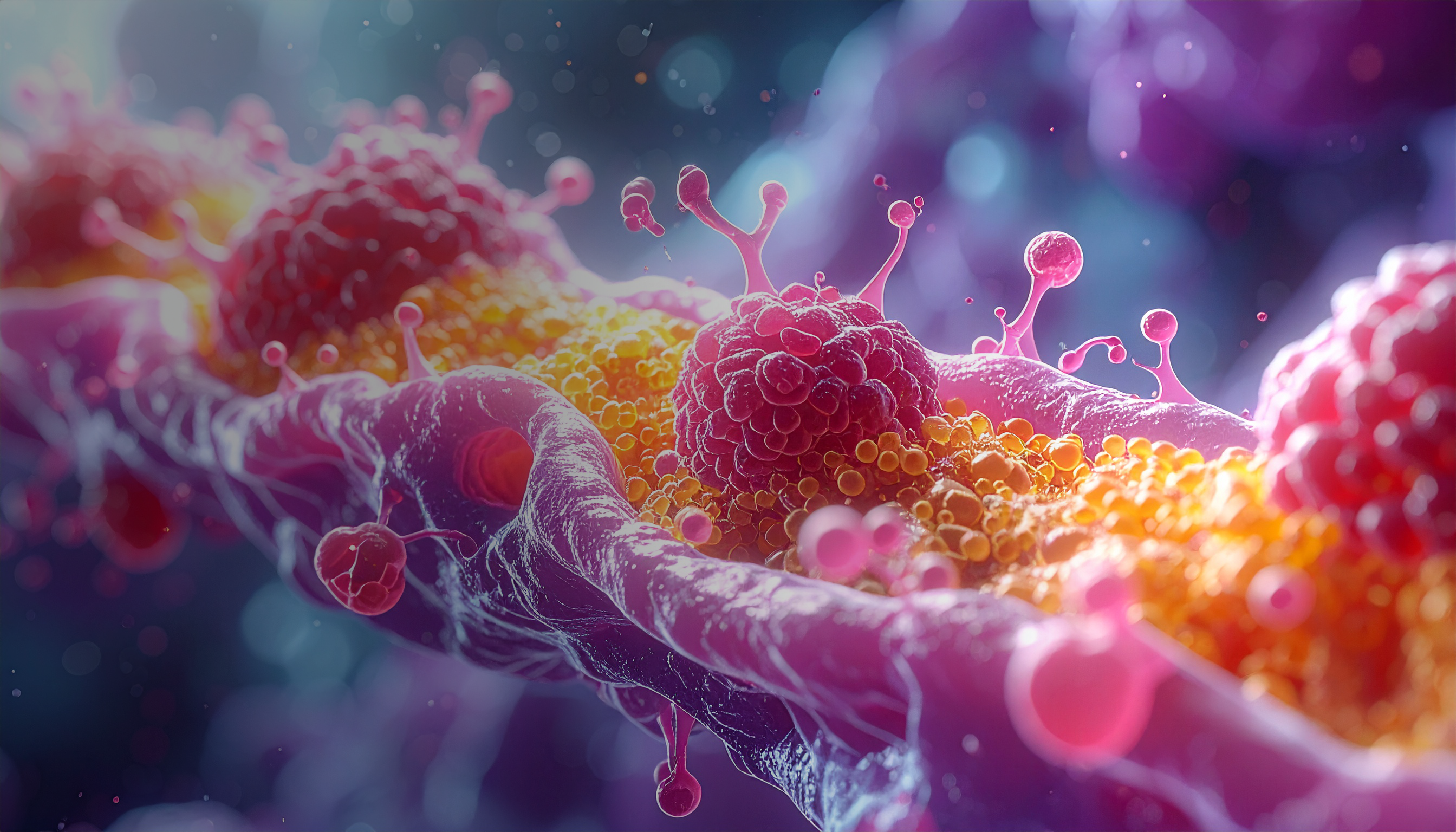 Colorful depiction of virus-like particles on a surface with a blurred background