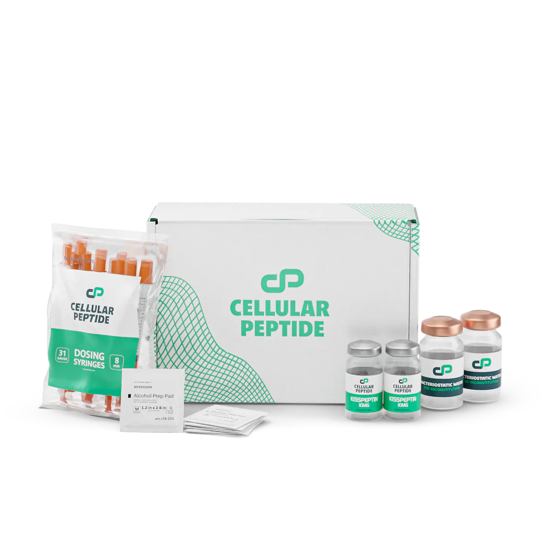 Collection of Cellular Peptide products including vials and packaging on a white background