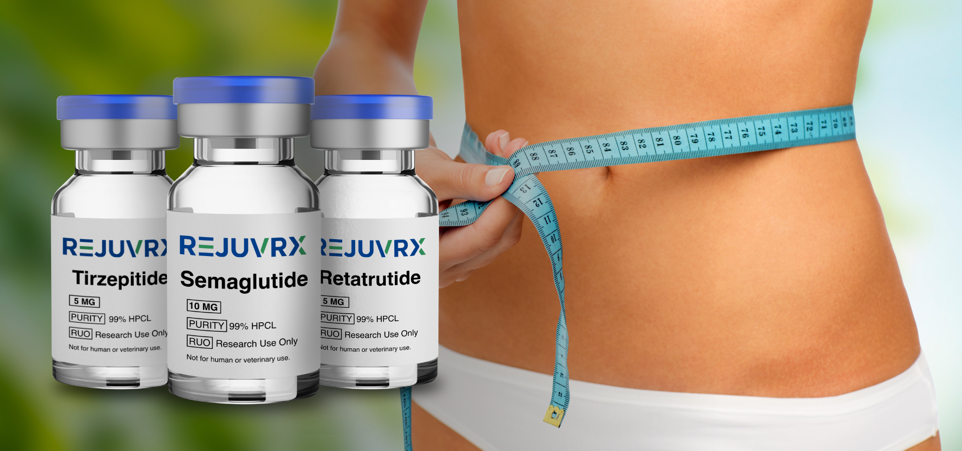 Three vials of REJUVRX with a person measuring their waist on a blurred green background