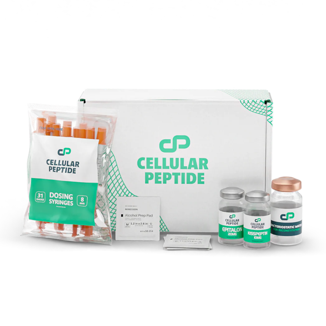 Packaging of Cellular Peptide products including vials and dosing strings on a white background.