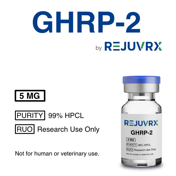 Vial labeled 'GHRP-2 by REJUVRX' with product details on a white background