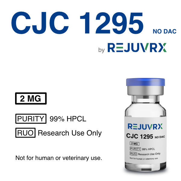 Vial labeled 'CJC 1295 by REJUVRX' with product details on a white background