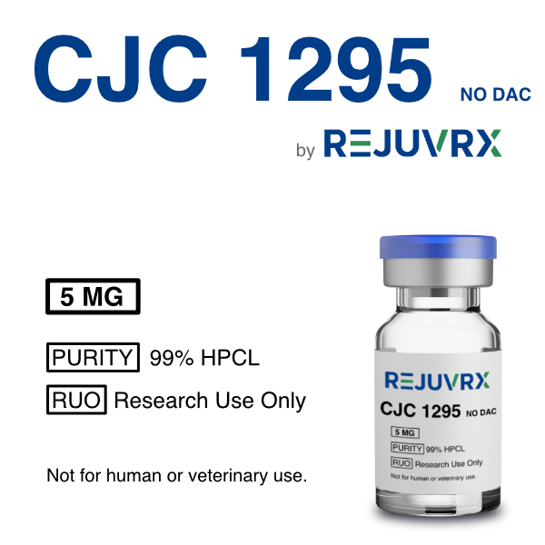 Vial labeled 'CJC 1295 by REJUVRX' with product details on a white background