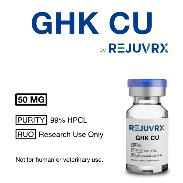Vial labeled 'GHK CU by REJUVRX' with specifications on a white background