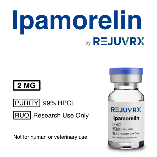 Vial of Rejuvrx Ipamorelin with product details on a white background