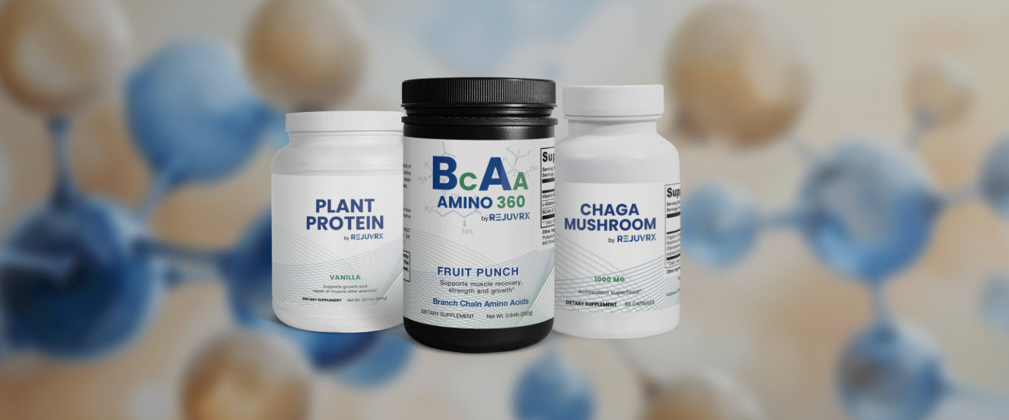 Three supplement bottles labeled 'Plant Protein', 'BCAA 360', and 'Chaga Mushroom' on a blurred molecular structure background.