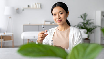 Woman holding a syringe in a medical setting with plants in the foreground